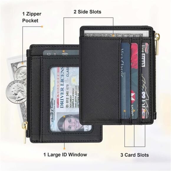 Slim Credit Card Holder Wallet for Women with ID Window Keychain Pocket - Picture 2 of 7